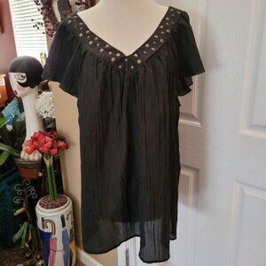 Sere Nade Top Black Crinkle Black Size 1X 1XL Embellished Stone V Neck Formal